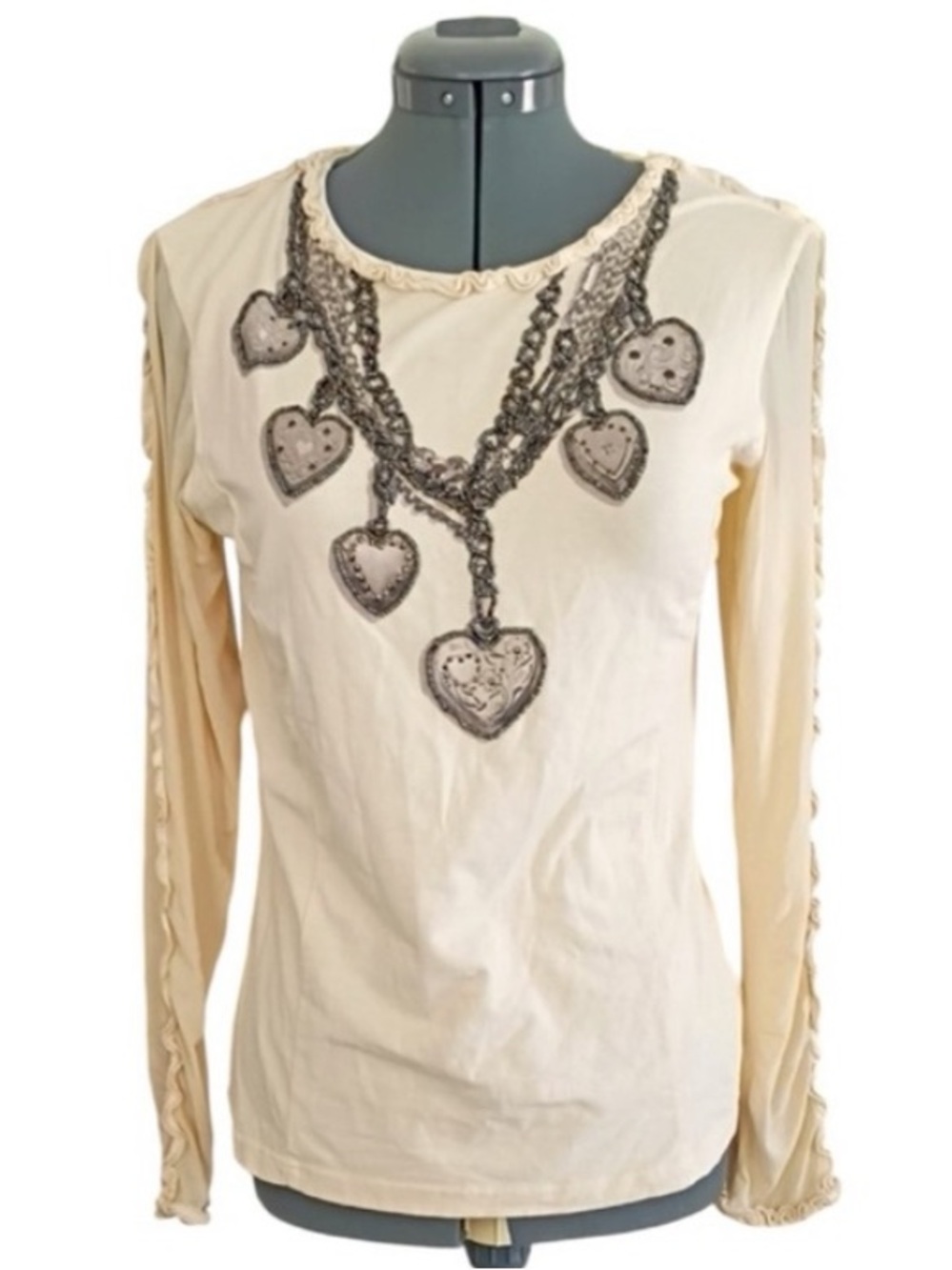Double D Ranch Cream Embellished Heart Necklace Long Sleeve Top